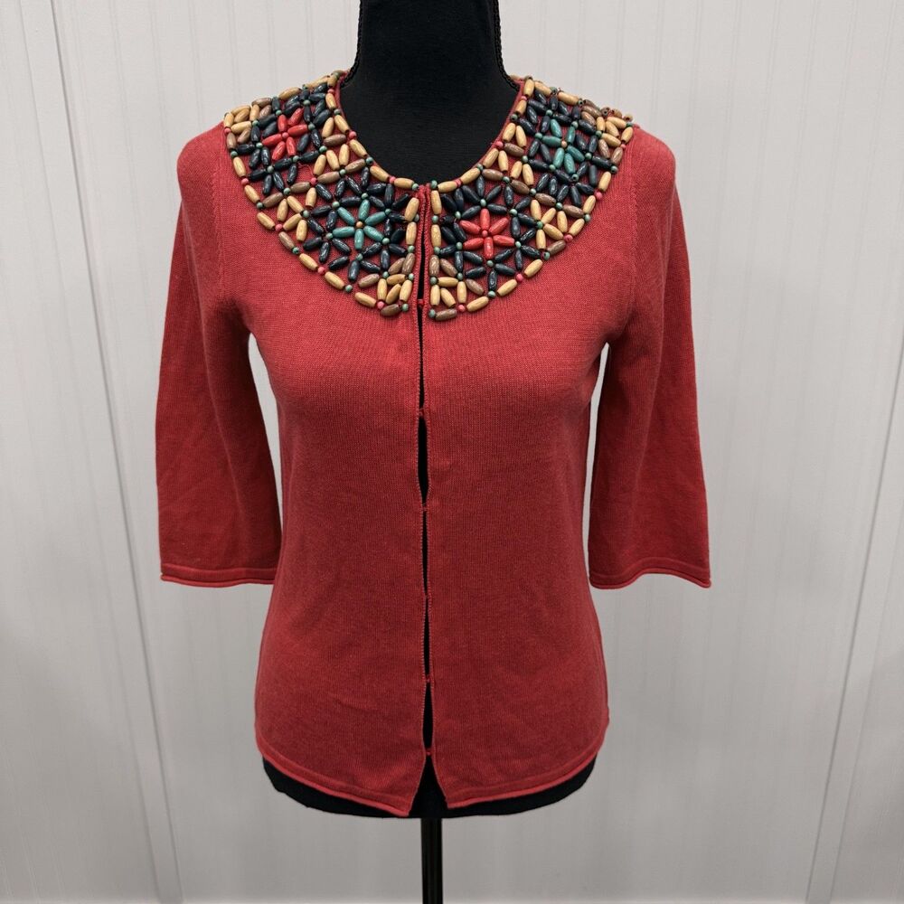 Sigrid Olsen Women's XS Red Beaded 3/4 Sleeve Boho Cardigan Sweater
